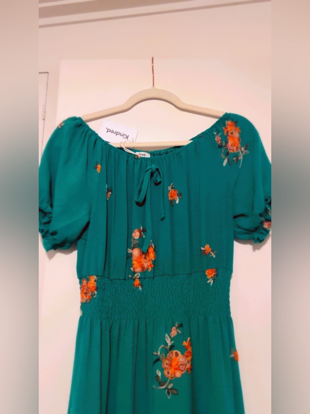 NWT Kindred Anthropologie Green Embroidered Maxi Dress Boho Off Shoulder - Picture 4 of 11